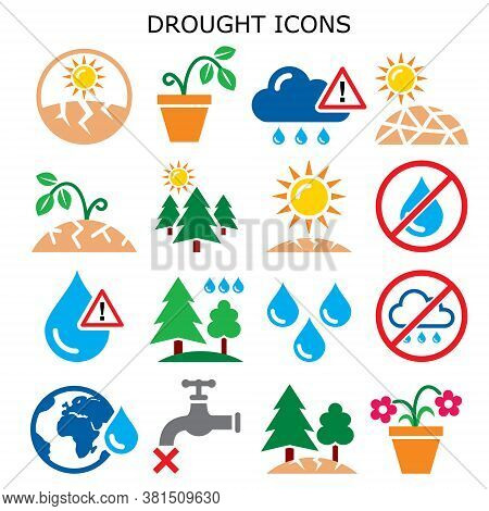 Drought, Natural Disaster, Climate Change Vector Color Icons Set - No Water For Plants, In Gardens A