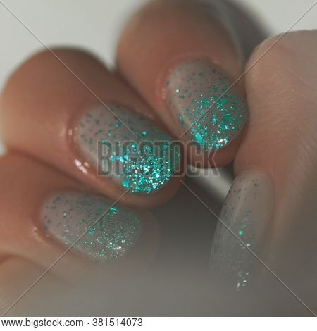 Gentle Nails Of Square Shape And Nude Color With A Design In The Form Of A Gradient Glitter. Beautif