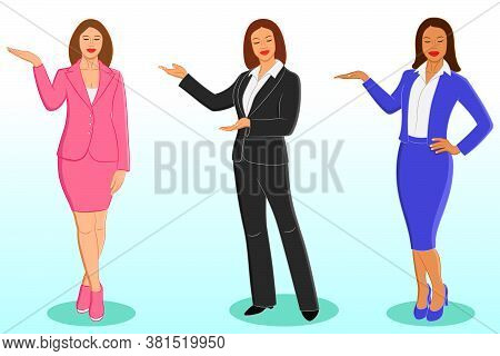 Set Of Smiling Business Women Or Teacher In Office Standing And Pointing With Hand. Isolated Vector 