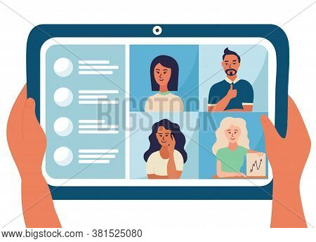 Four People Are On The Tablet Device Screen, Conference Video Call Vector Illustration Design. Solve
