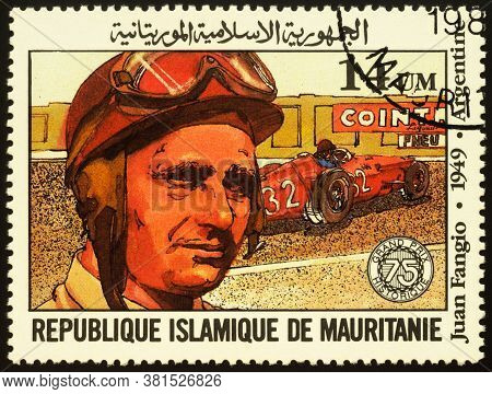 Moscow, Russia - August 19, 2020: Stamp Printed In Mauritania Shows Portrait Of Argentine Formula On