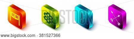 Set Isometric Saloon Door, Revolver Cylinder, Military Knife And Crossed Arrows Icon. Vector