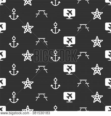 Set Speech Bubble With Airplane, Starfish, Anchor And Picnic Table With Benches On Seamless Pattern.