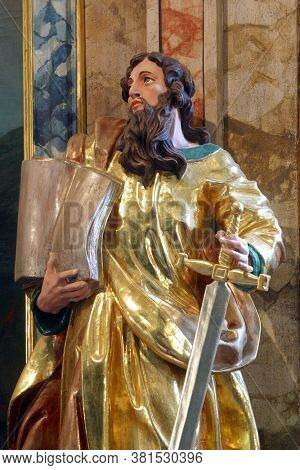 KLANJECKO JEZERO, CROATIA - NOVEMBER 06, 2013: Saint Paul, a statue on a high altar in the chapel of Saint George at the Lake in Klanjecko Jezero, Croatia