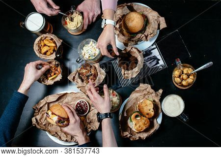 Great Menu For Beer Party With Friends. Burger, Sandwich, Salad, French Fries, Bread Croutons, Meat 
