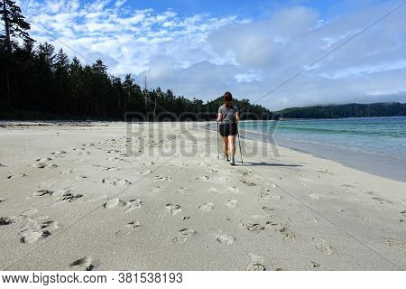 A Female Hiker Exploring The Sandy Beaches Of Nels Bight And Experimental Bight, Surrounded By Fores