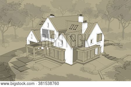 3D Rendering Of Modern Clinker House On The Ponds With Pool Black Line On Craft Background
