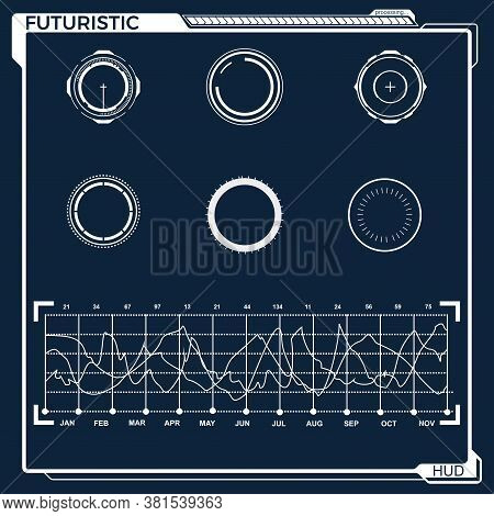 Set Black And White Hud Interface Elements, Lines, Circles, Pointers, Frames For Web Applications, D