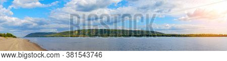 Panorama Of The Big Volga River In Front Of The Zhiguli Mountains