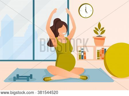 Vector Concept Of Fitness For Pregnant Woman. Pregnant Woman Doing Sport Exercises At Home