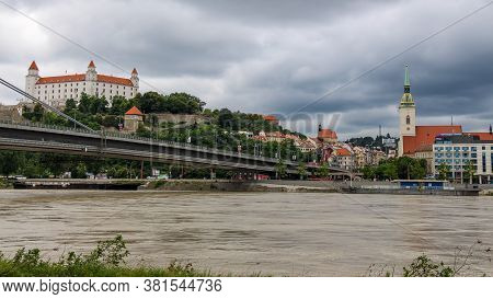 Bratislava, Slovakia - July 5th 2020: Bratislava Castle Over Looking The River Danube And The Most S