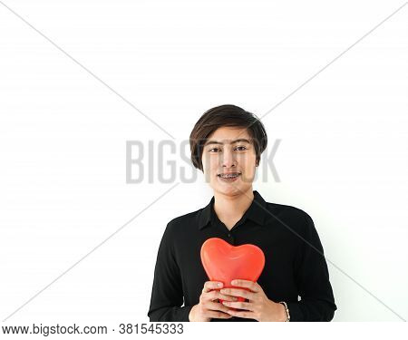 Asian Sporty Woman Short Hair Holding Red Heart Abstract  Love Balloon White Copy Space