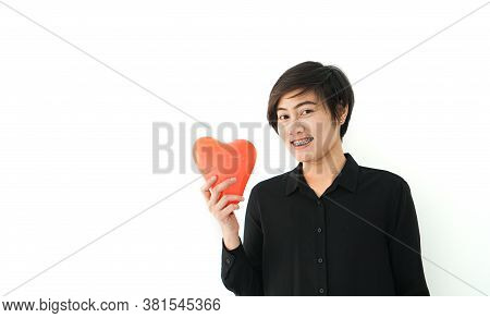 Asian Sporty Woman Short Hair Holding Red Heart Abstract  Love Balloon White Copy Space