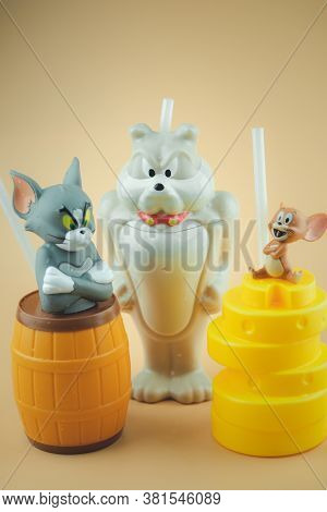 Bangkok, Thailand - August 19, 2020 : Set Of Plastic Drink Cup Tom And Jerry To Promote The Movie Of