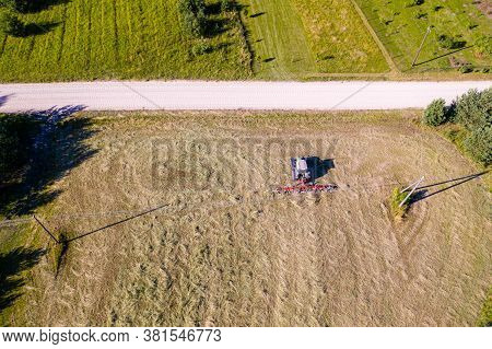 Tractor With Tedders, Top Down Aerial View, Agriculture And Farming