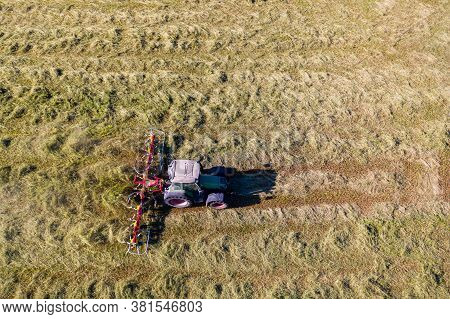 Tractor With Tedders, Top Down Aerial View, Agriculture And Farming
