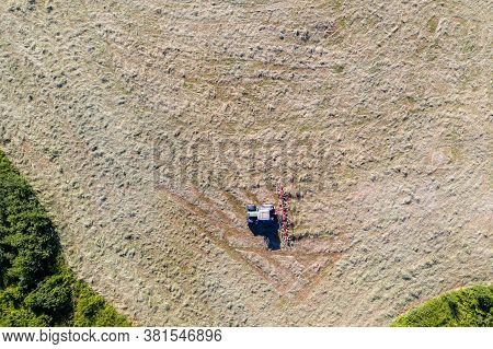 Tractor With Tedders, Top Down Aerial View, Agriculture And Farming