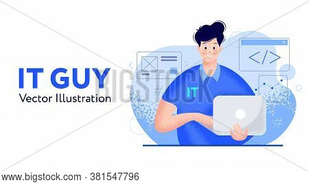 It Guy With Laptop, A Developer Or Designer Or Solution Architect Or Tech Consultant. Young Happy Sm
