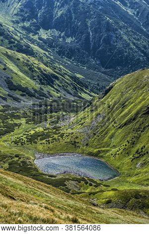 Mountain Lake From Volovec Peak, Western Tatras, Slovak Republic. Hiking Theme. Seasonal Natural Sce