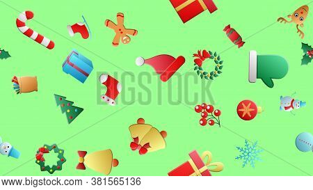 Colorful Christmas Items Isolated On White Background Seamless Pattern.