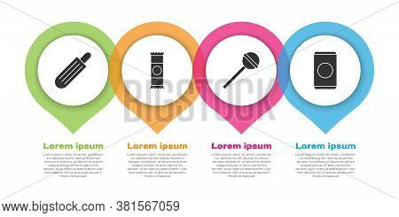 Set French Hot Dog, Chocolate Bar, Lollipop And Soda Can With Straw. Business Infographic Template. 