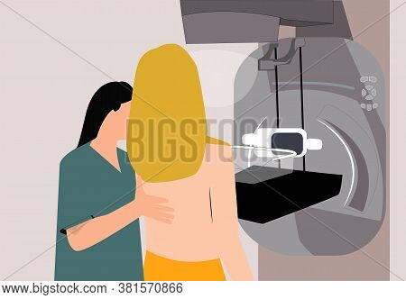 A Female Assisting Doctor Helps Patient Undergoing Mammogram X-ray Test