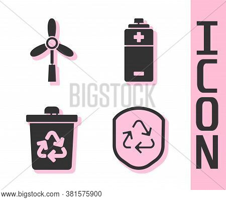 Set Recycle Symbol Inside Shield, Wind Turbine, Recycle Bin With Recycle And Battery Icon. Vector