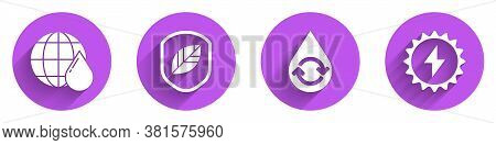 Set Earth Planet In Water Drop, Shield With Leaf, Recycle Clean Aqua And Solar Energy Panel Icon Wit