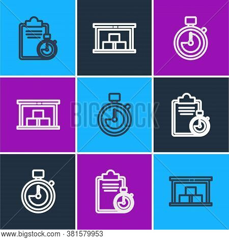 Set Line Verification Of Delivery List Clipboard, Stopwatch And Warehouse Icon. Vector