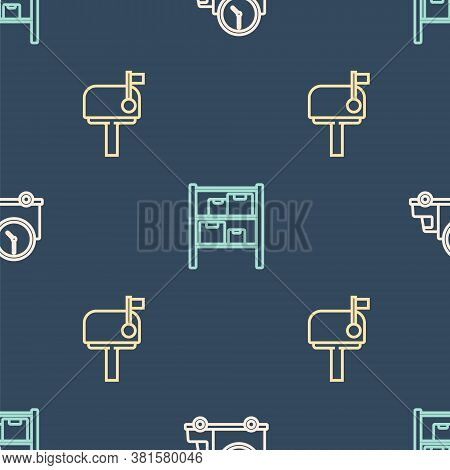 Set Line Logistics Delivery Truck And Clock, Mail Box And Warehouse On Seamless Pattern. Vector