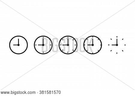 Set Of Different Clock Icons. Isolated Time Chronometer. Wall Clock With Arrow In Outline Style. Cou