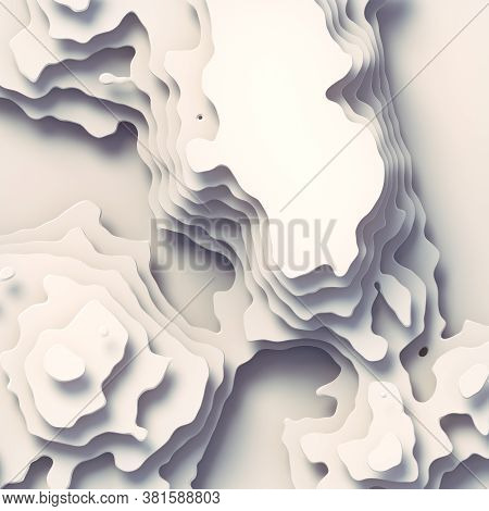 White 3d Rendering Topographic Map Background Concept. Wavy Backdrop. Cartography And Topology. Spac