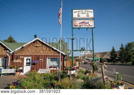 Dubois, Wyoming - July 26, 2020: Sign And Office For The Black Bear Inn, A Small Motel In Downtown D