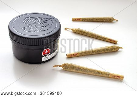 Calgary, Alberta, Canada. Aug 19, 2020. A Cannabis Black Plastic Packaging Container With Cigarettes