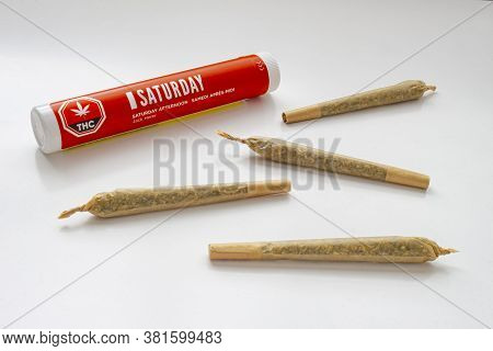 Calgary, Alberta, Canada. Aug 19, 2020. A Cannabis White And Red Plastic Packaging Container For Pre