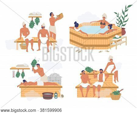 People Enjoying Russian Steam Bath, Finnish Sauna, Japanese Hot Spring Bath, Flat Vector Isolated Il
