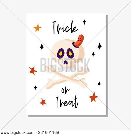 Halloween Cartoon Greeting Card Or Nursery Poster - Skull Or Skeleton With Creepy Face And Worm On W
