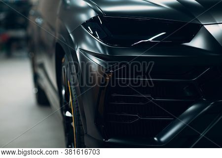 Lamborghini Urus Black Color Sports Car Close Up.