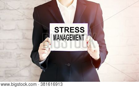 Woman Showing White Card With Stress Management Word . Business