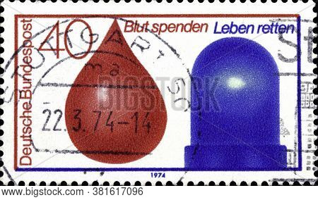 02 10 2020 Divnoe Stavropol Territory Russia The Postage Stamp Germany 1974 The Blood Donor Case Dro