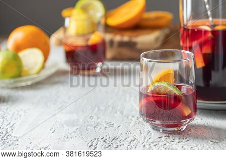 Sangria  Drink Glass On Cocnrete Background. Famous Spanish Summer Beverage.copy Space