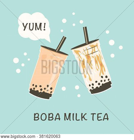 Banner For Popular Taiwanese Bubble Milk Tea. Two Take Away Glasses With Pearl Milk Tea And Brown Su