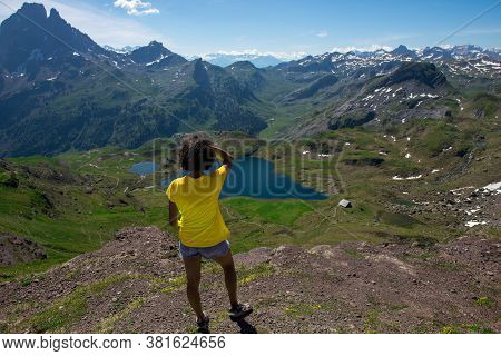Hiking Woman Looking Pic Du Midi Ossau In The French Pyrenees Mountains