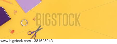 Frame Made Of Office Supplies On A Yellow Background. Banner Rdesign With Copy Space.