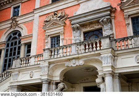 Castle Of Govone In Piedmont, Italy. Detail Of The Facade