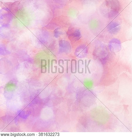 Pink Lilac Background, With Wet Watercolor Effect. Drawn Illustration With Pink Green Abstract Spots