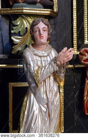 KLANJECKO JEZERO, CROATIA - NOVEMBER 06, 2013: Statue of a Saint on the Altar of Suffering in the chapel of Saint George at the Lake in Klanjecko Jezero, Croatia