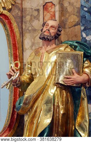 KLANJECKO JEZERO, CROATIA - NOVEMBER 06, 2013: Saint Peter, statue on high altar in chapel of Saint George at the Lake in Klanjecko Jezero, Croatia