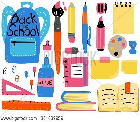 School Supplies Set. Education Workspace Accessories Backpack With Back To School Text, Pencil And P