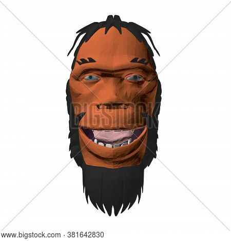 Low Poly Head Of A Neanderthal Man. Polygonal Head Of A Prehistoric Man. Front View. 3d. Vector Illu